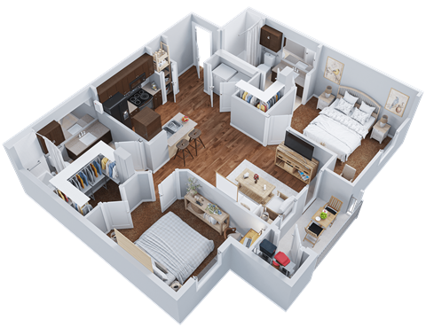 3d floor plan of a bedroom and living room